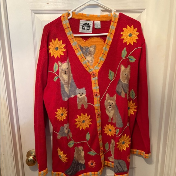 Red Sweater with‎ Dog and Floral Design - Picture 1 of 3
